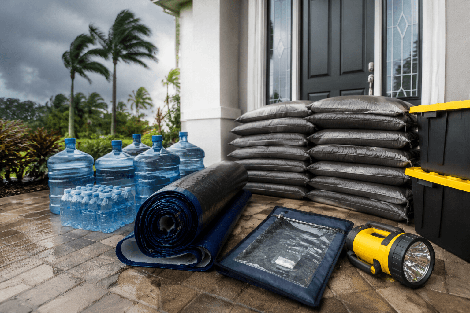 Storm readiness shelf with water storage and barrier gear